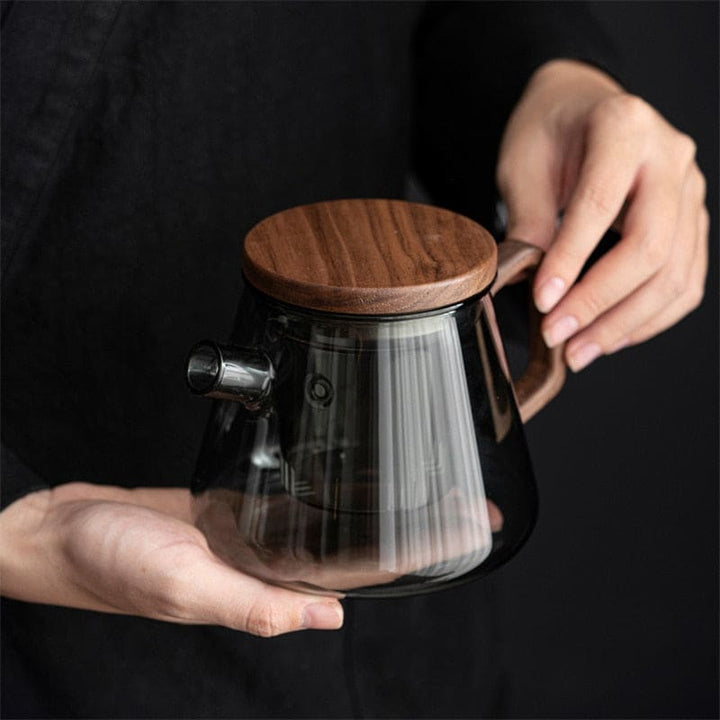 Glas-teekanne mit filter und holzgriff 500ml