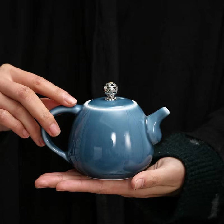 Teekanne keramik blau deckel silber 300ml