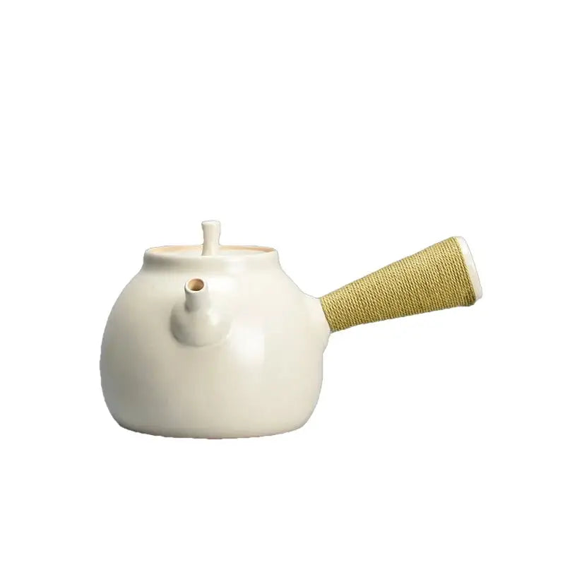 Teekanne keramik matt weiß - griff aus bambusgarn 700ml