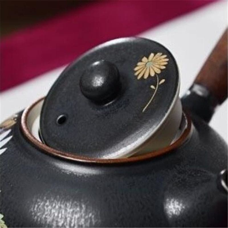 Teekanne keramik schwarz- blumenmuster und holzgriff 270ml