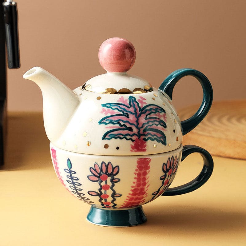 Teekanne mit tasse - blau und rosa